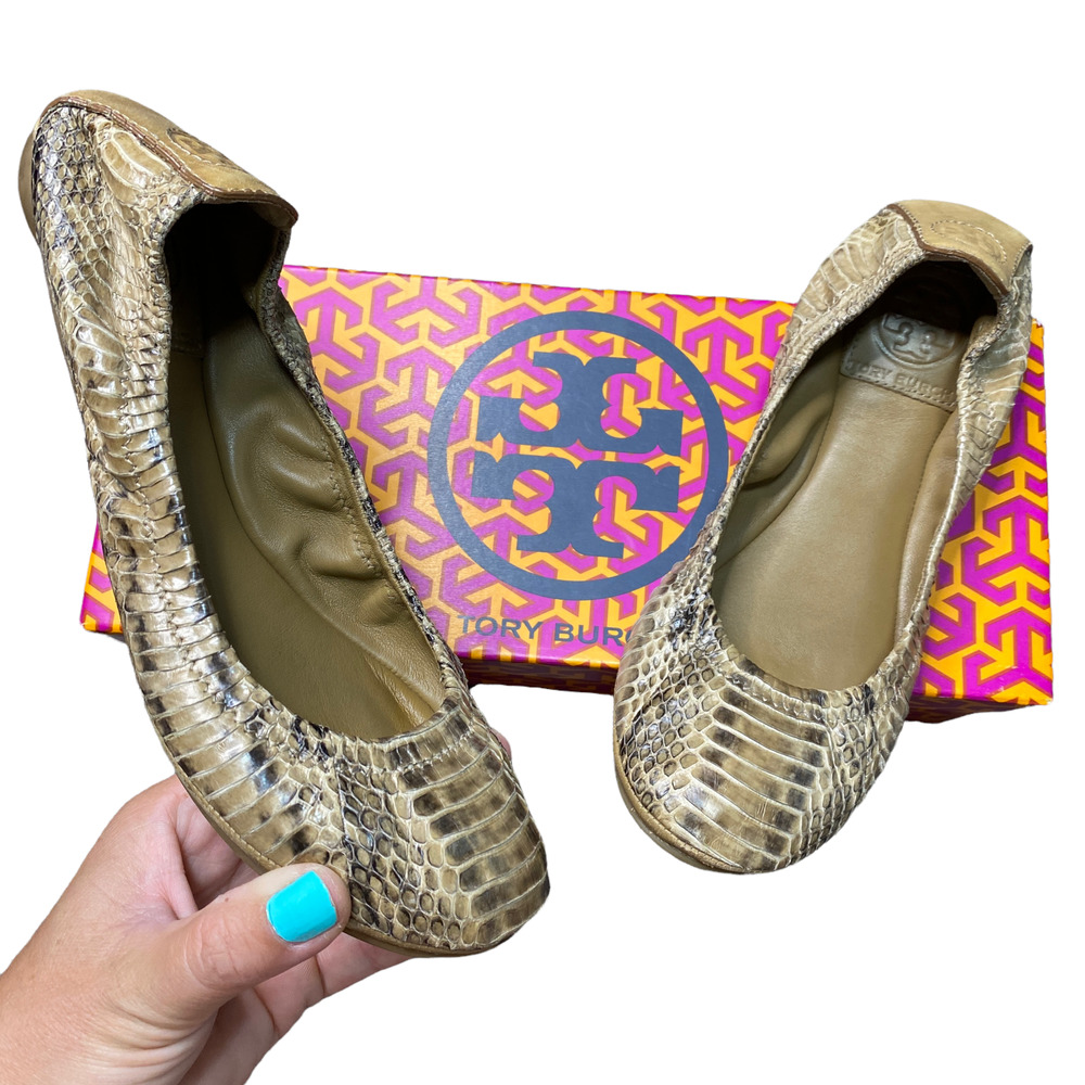 TORY BURCH | sz 6 Women's Beige Snake Print Eddie Stretch Ballet Flats MSRP $250